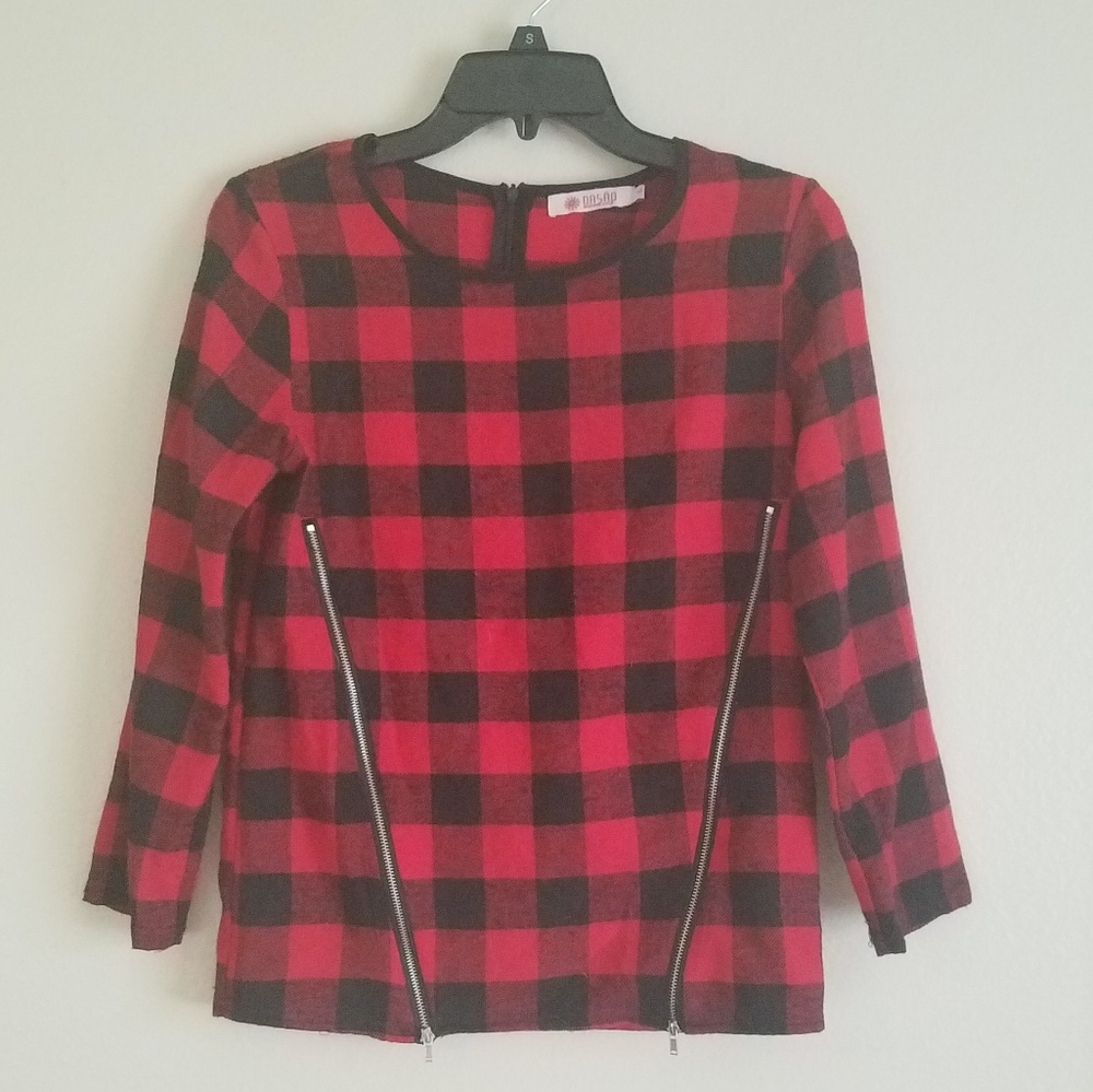 Plaid Zipper Long Sleeve Top